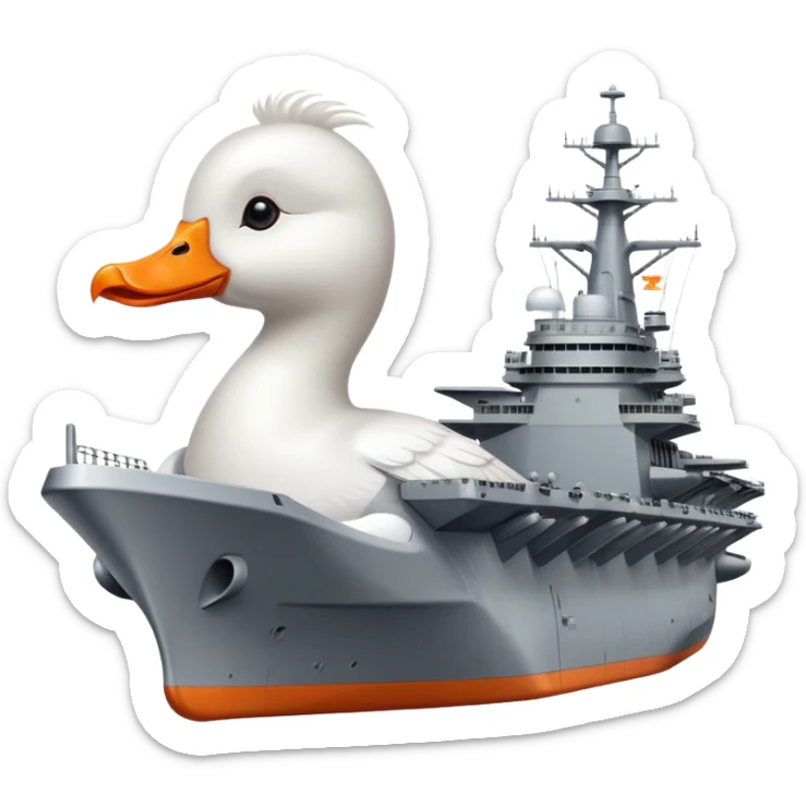 A gray military aircraft carrier with a white goose head and orange beak at the front of the ship sticker