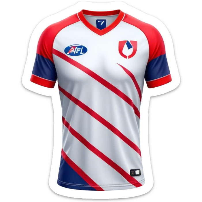 Cinematic Realistic image of an AFL jersey rendered in vibrant team colors with detailed fabric textures and dynamic creases, illuminated by bold, stadium lighting that accentuates its sporty character sticker