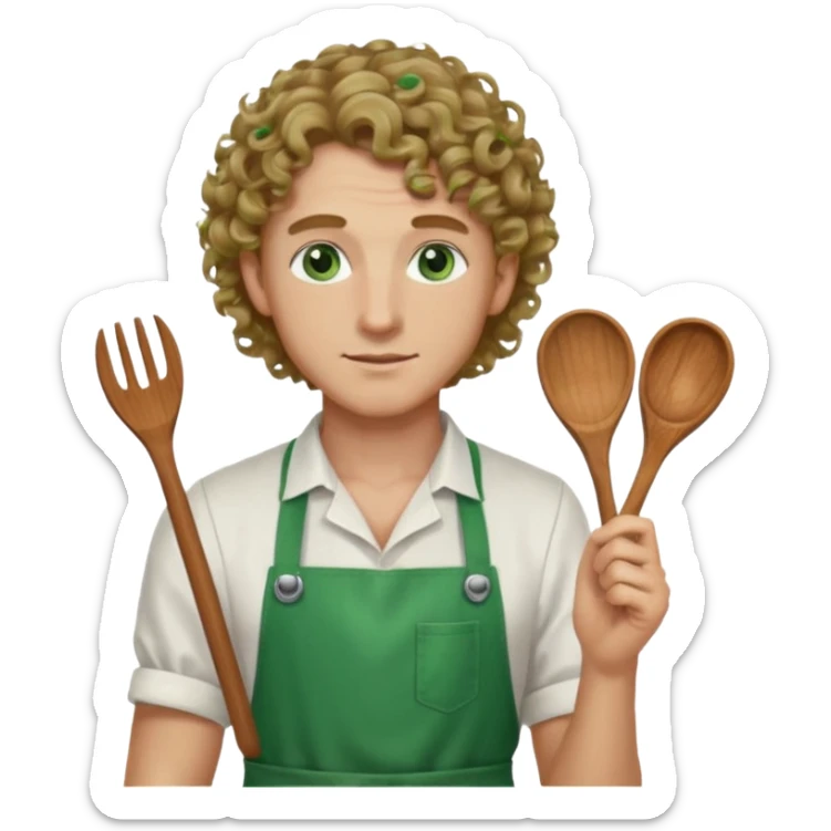 Male, fair complexion, green eyes, shoulder length dark blonde curly hair, bar slinger sticker
