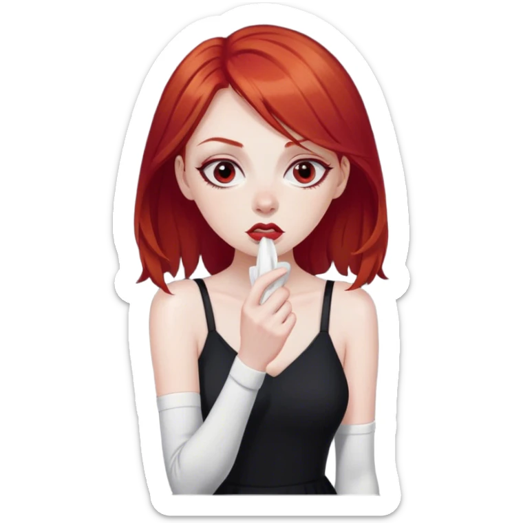 a woman with red hair and red eyes sniffing a white sock. The woman wear a black  dress sticker