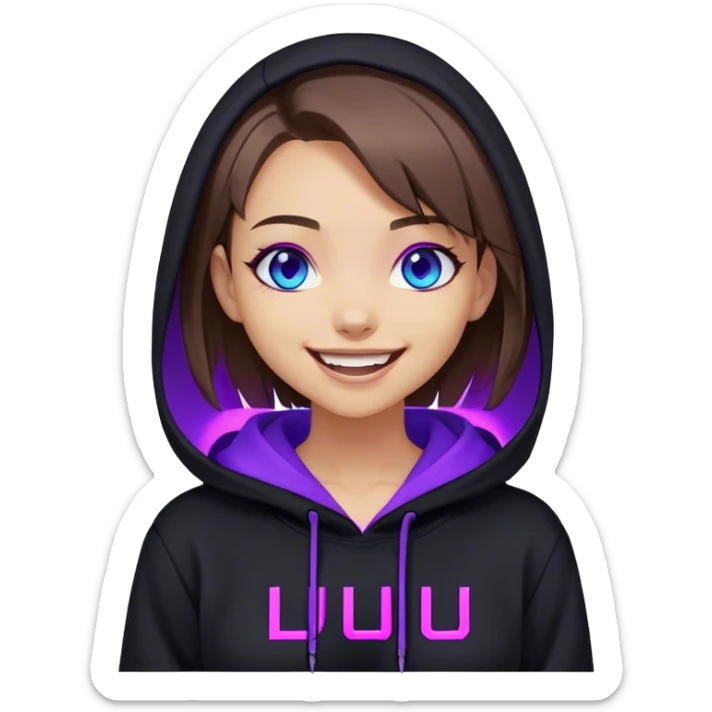 brown haired girl with a bob and blue eyes wearing black hoody with violet letters "Lu", laughs. Cyberpunk style. Violet neon. sticker