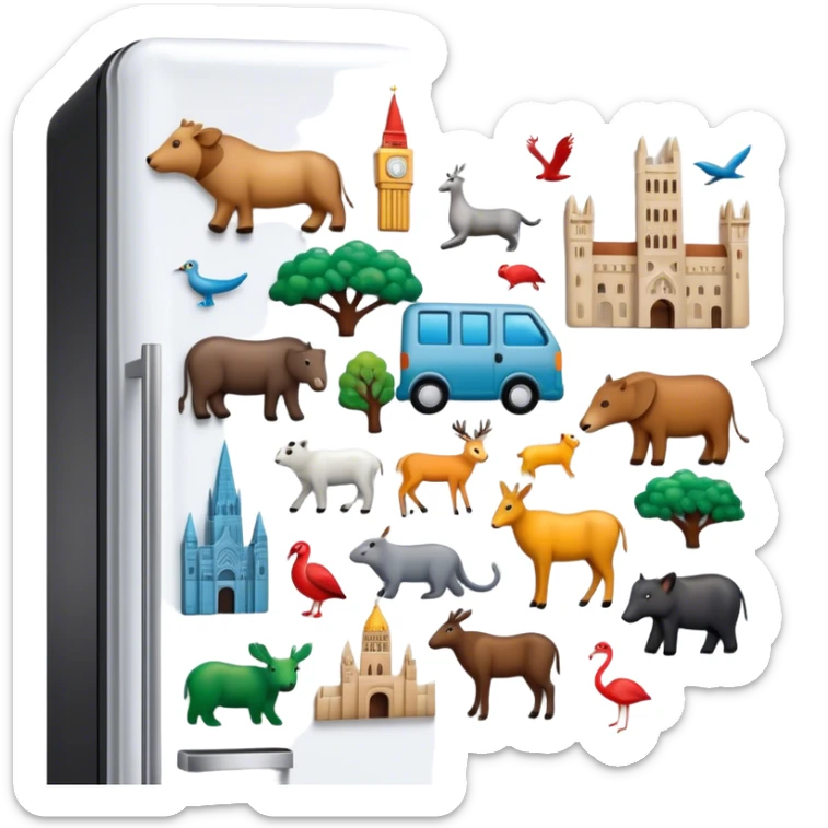 Icon for Magnet Collecting: a close-up of a fridge door covered with a variety of magnets, featuring cities, animals, symbols. The icon should highlight the diversity and charm of magnet collections. Transparent background. sticker