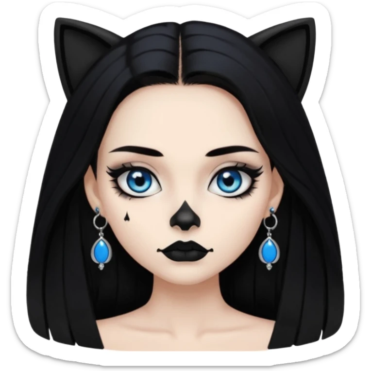 A girl with long black hair and blue eyes, black eyeshadow, black cat eye liner, mascara, and black lipstick,and black skull earrings. Also a black sexy dress   sticker