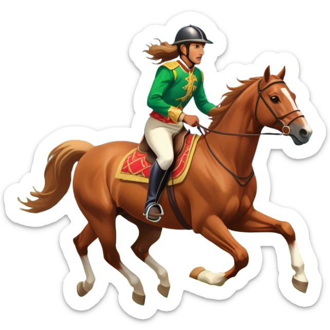 An icon showcasing a majestic horse and rider in full gallop across a lush green field. The background features a clear sky, distant mountains, and a vibrant landscape. The rider wears traditional gear, while the horse leaps with grace and power.  sticker