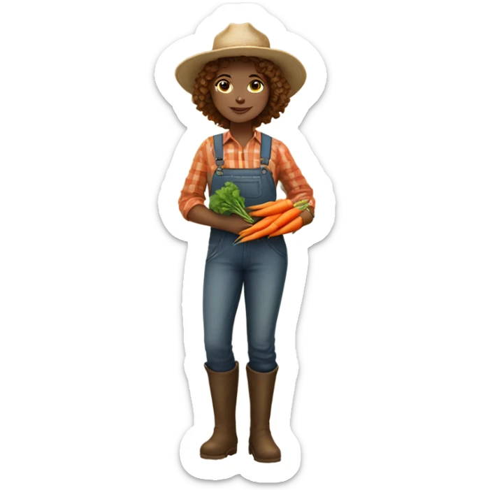 full body farmer girl standing, LIGHT skin, brown curly hair, holding carrots sticker