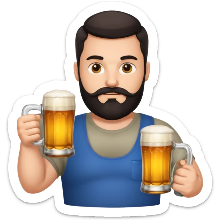 big man in lotus pose, bright skin, dark beard and dark short hair, holding beer mugs sticker