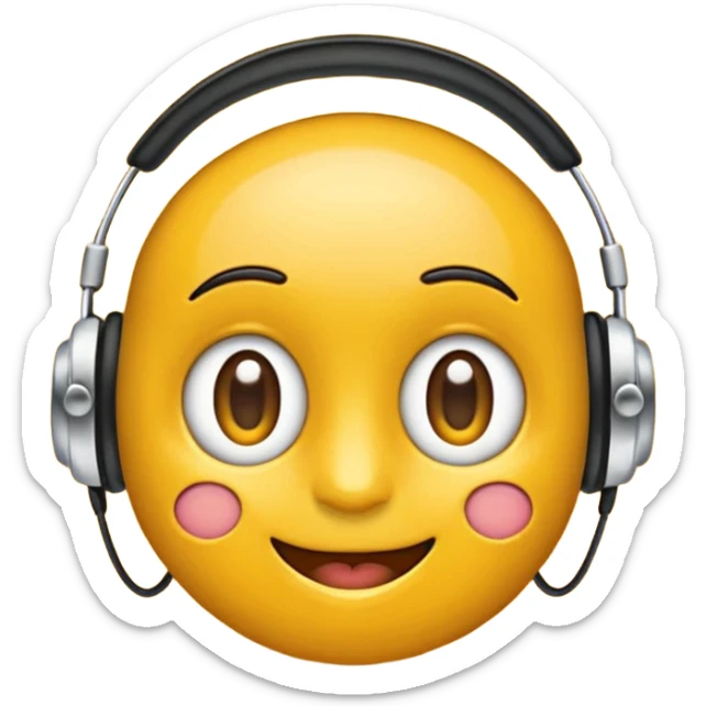 Ein gelber runder Emoji. Augen geslossen. Total im moment. Glpcklich, leichtes lächeln. Verträumt. Leichtigkeit. Freiheit. Overearkopfkörer auf und im hintergrund kleine musiknoten sticker