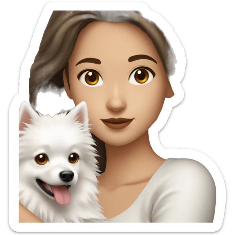 20 year old women with brown hair and brown eyes holding a white japanese spitz dog sticker