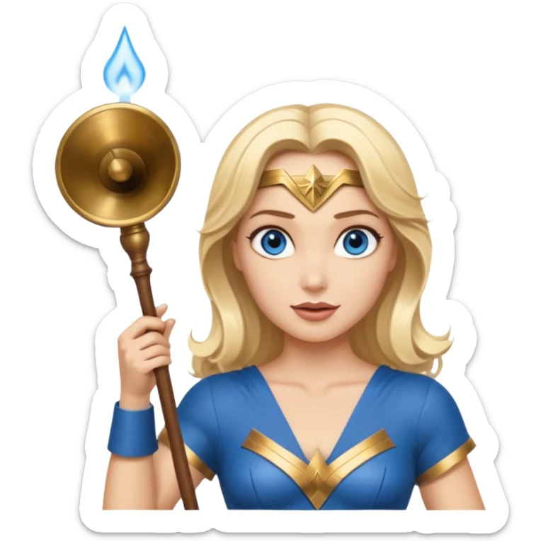 Blonde blue eyes Wonder Woman holding bell and short white orchestra conductor’s baton  sticker