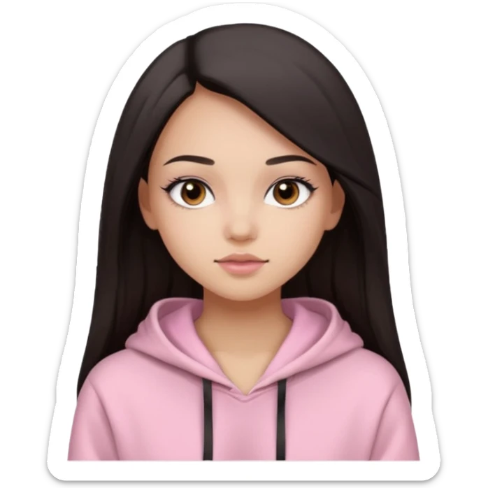 A pretty girl with light skin and long straight black brown hair, wearing a very light pink basic hoodie with brown eyes and makeup and a round face sticker