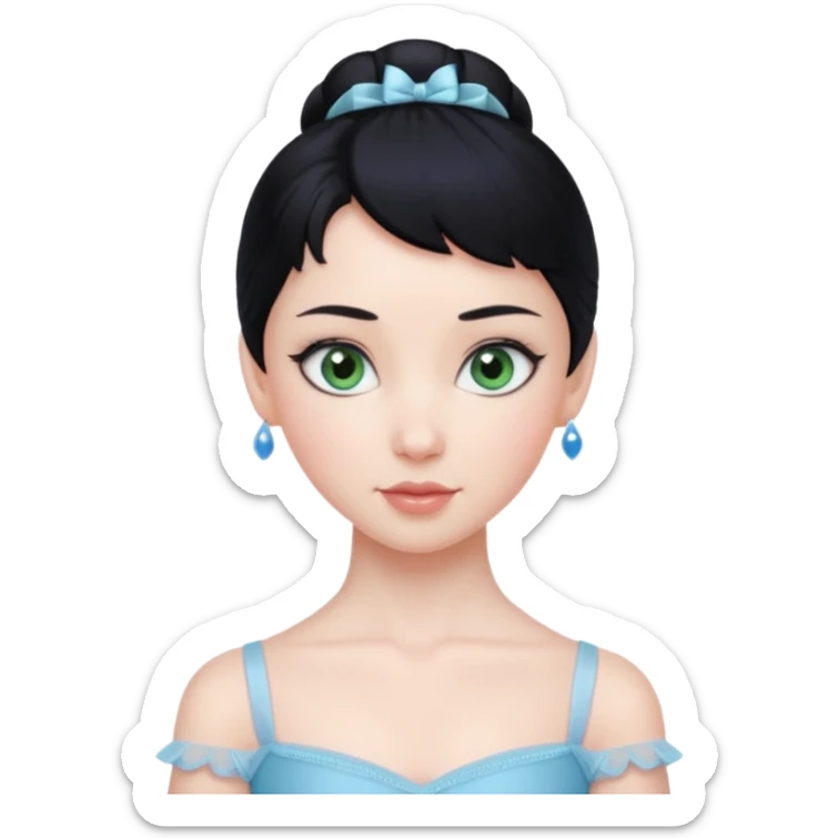 Cinematic Realistic ballerina Medium Blue Portrait, depicted with lifelike skin texture, subtle rosy undertones, and soft natural lighting that enhances the gentle contours of her face. Her intricately detailed sweet black hair is elegantly styled, green eyes sticker