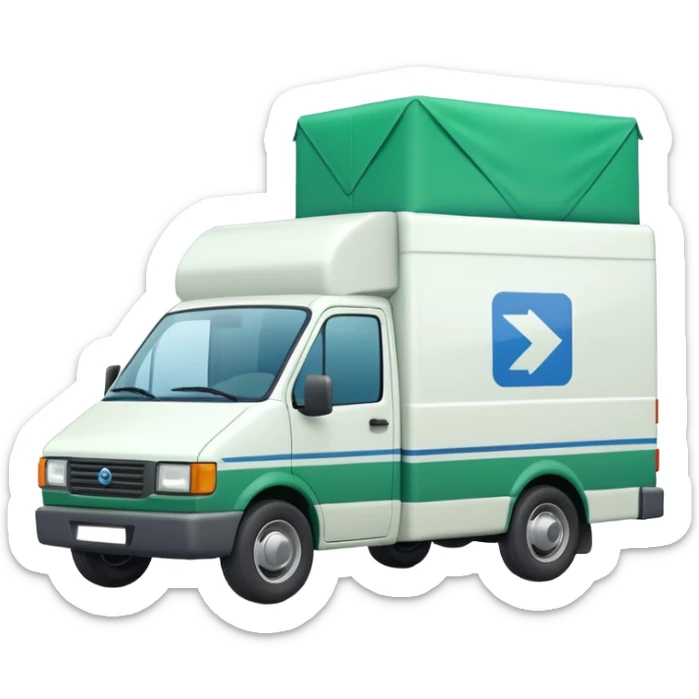 a white delivery van with green and blue color on the delivery van tarpaulin.  sticker