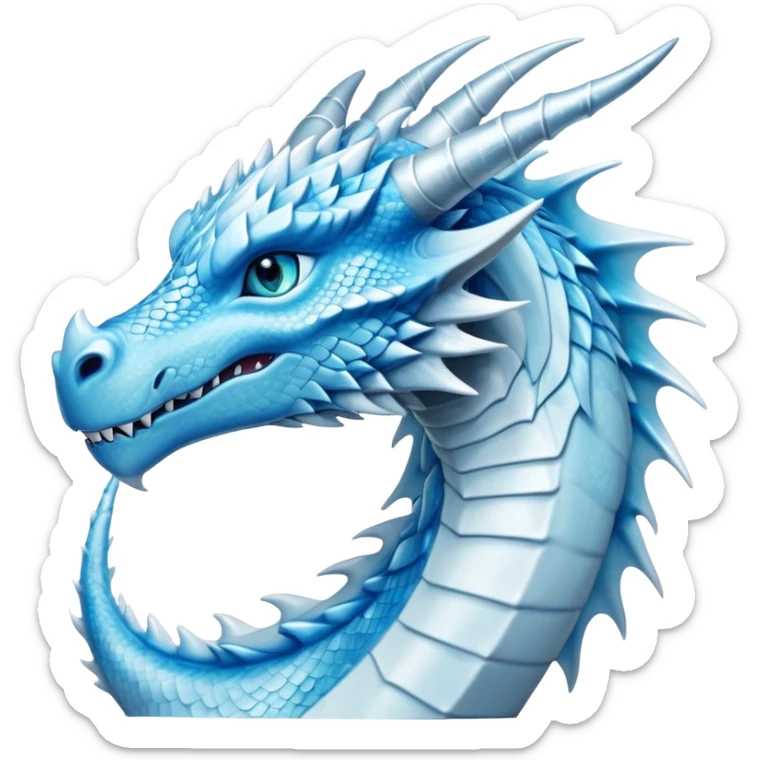Cinematic Noble elegant Ice Dragon Portrait Emoji, Poised and imposing, distinct long elegant snout, with a slender, scaled body shimmering in glacial hues of icy blue, frostbitten silver, and crystalline white, breathing out frost, with piercing, glowing ice blue white eyes that radiate the chilling depths of an arctic storm; rendered in detail. sticker