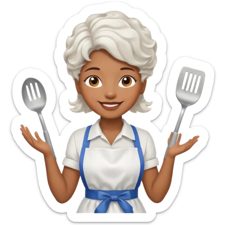 woman, brown skin, white short wavy hair, with apron sticker