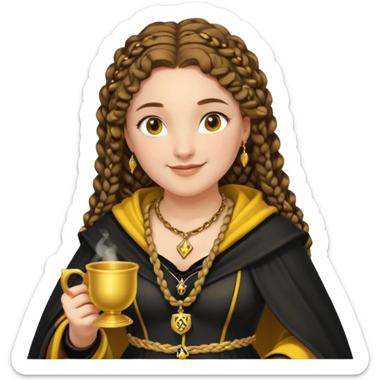 Helga Hufflepuff, 2 curly thick brown braids, yellow-black medieval dress, black cloak decorated with gold braiding, tiny two-handled shiny yellow-gold cup, very kind smile, curvy busty sweet woman, thick rosy cheeks sticker