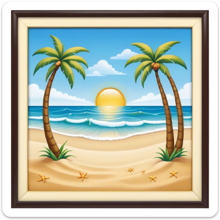 Cinematic Realistic Beach Emoji in a wooden frame, Sunny and bright, with soft golden sand stretching as far as the eye can see, gently lapping waves crashing onto the shore, and a clear, blue sky above. Palm trees sway in the warm breeze, crystal clear water of the waves on the landscape. Soft glowing outline, capturing the essence of a relaxed, joyful beach day filled with sun, sand, and surf! sticker