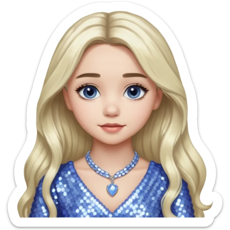 Sabrina Carpenter with long platinum blonde hair, periwinkle sequin dress and necklace sticker