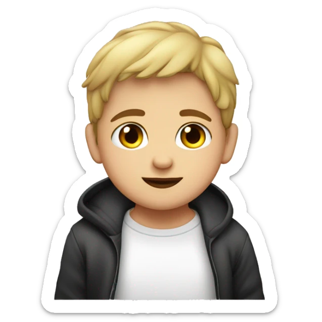 un niño con pelo liso, corto, PIEL COLOR BLANCA, ojos NEGROS, gordito sticker