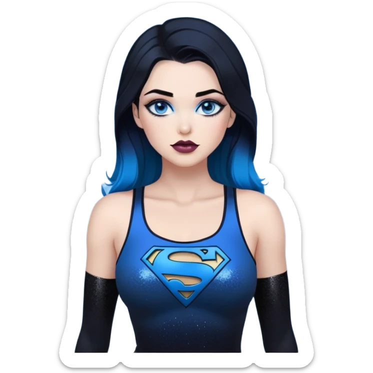 very very large chest-stunning beautiful face-black leggings-glitter lipstick-very long straight-dark-black to blue ombre hair-and-blue eyes-a lot of black eyeliner-thick long eyelashes-sky blue low tanktop with glitter superman character sticker