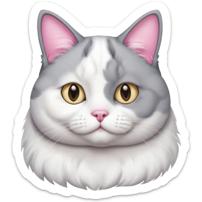 Gray and white tuxedo cat that is fat with white on top of tail and white on nose sticker
