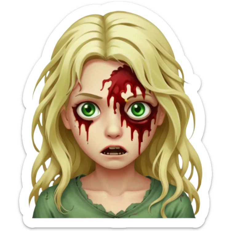 faça um emoji de um zumbi, uma menina loira com olho verdes, sangue, de terror, cabelo longo  sticker