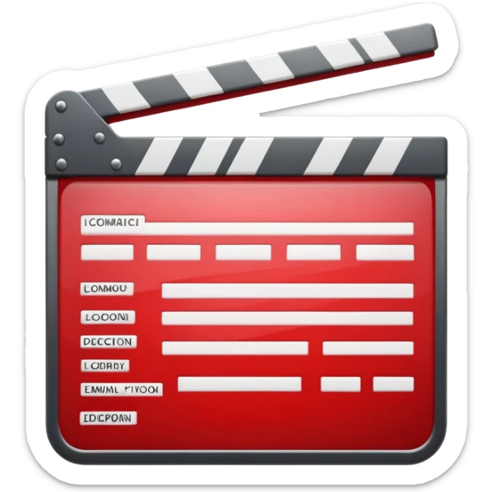 Glossy bright red clapperboard in the classic style of Apple icons: the top bar is tilted up-left, the body and bar with a deep glossy glare, dark gray edging, black background inside, perfectly square with rounded corners. 🔴🎬✨ sticker