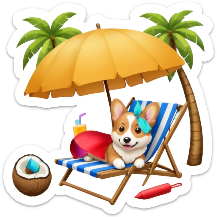 a corgi dog laied on a beach chair, a sunny beach, a sun umbrella, and beach coconut trees. the icon should capture the essence of a relaxing beach vacation with a carefree atmosphere sticker