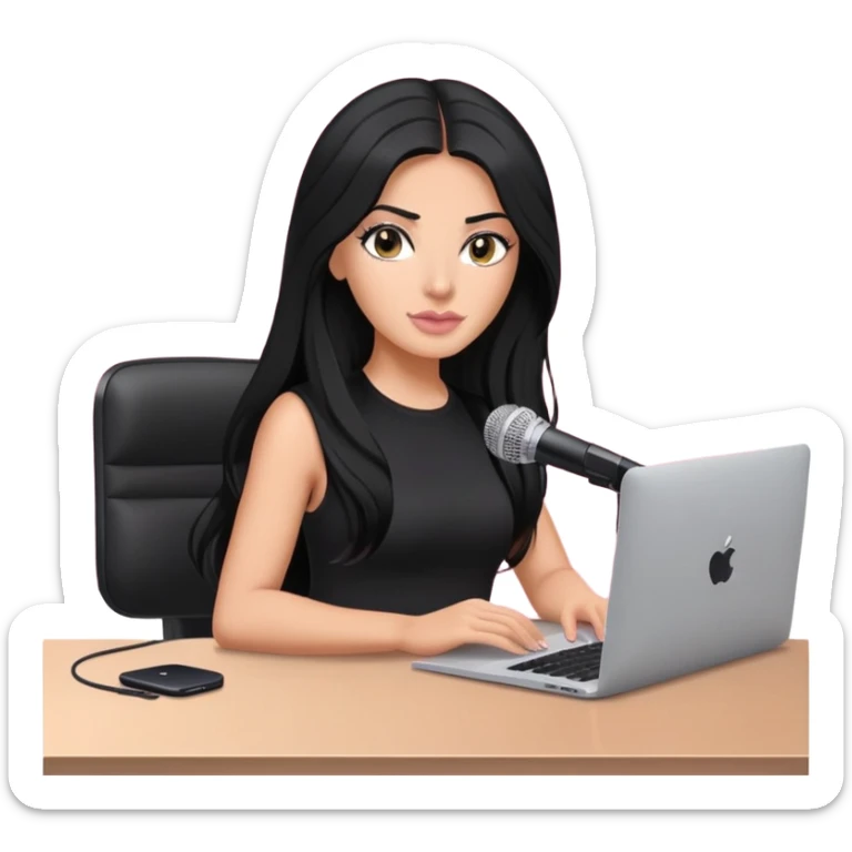 tanned long black hair woman, sat at desk with pink MacBook and  podcast microphone black top and pink, sexy sticker