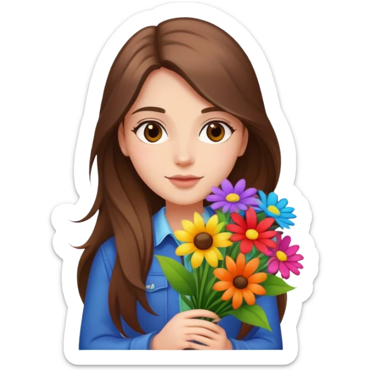 Cool girl with long brown hair holding a bouquet of flowers sticker