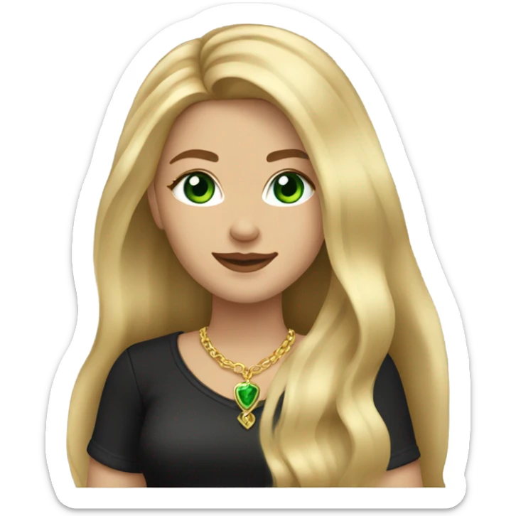 pretty long blonde girl slanted green eyes gold jewlery light skin black shirt sticker