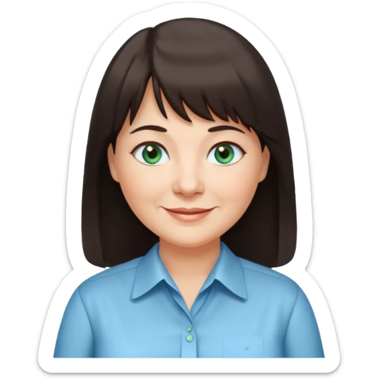 60 yr old woman, blue green eyes, long straight dark brown hair, business shirt, chubby, bangs sticker