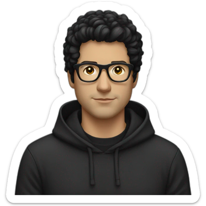 White man with black tinted glasses and black hair in a black hoodie with black hair  sticker
