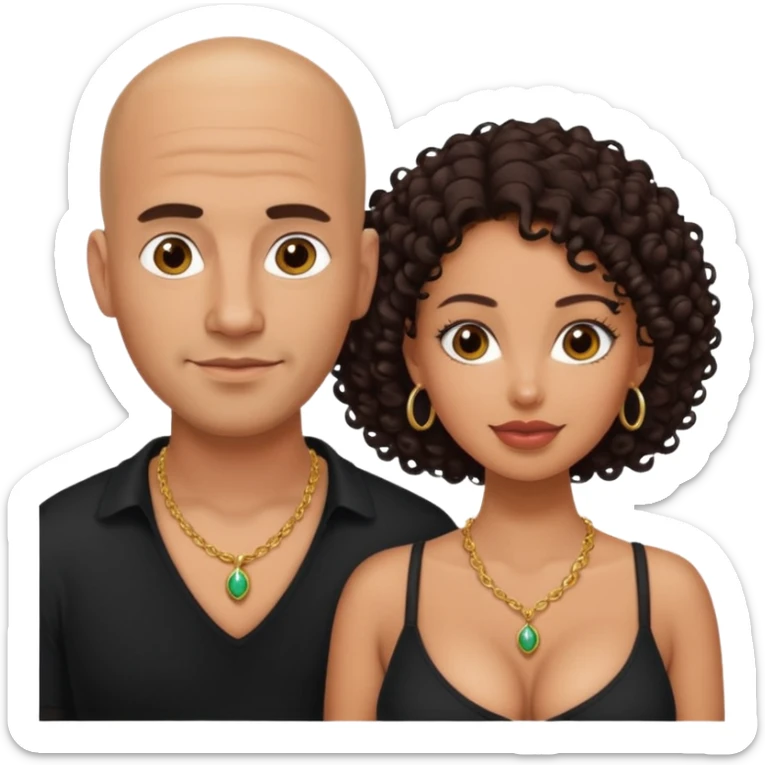 A picture of a sexy tanned couple. the guy is Mexican, with a bald hair cut and a black shirt. the girl is mixed, she has curly longer dark brown hair,  the girl has glasses only, and with big boobs. Remove the glasses of the guy sticker
