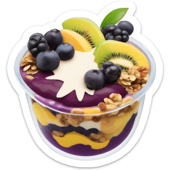 Açaí in a clear cup with layers of fruits and granola and condensed milk sticker
