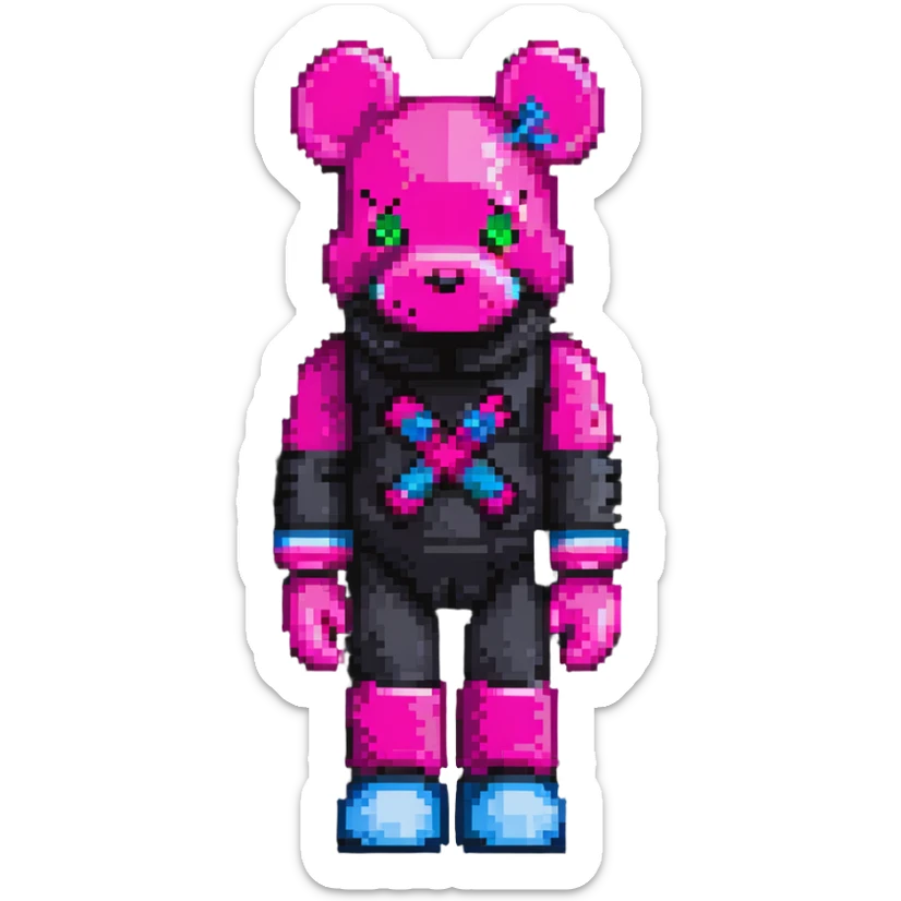 Pixel art KAWS Bearbrick figure with X eyes wearing a hot pink balaclava, blocky bear shape sticker