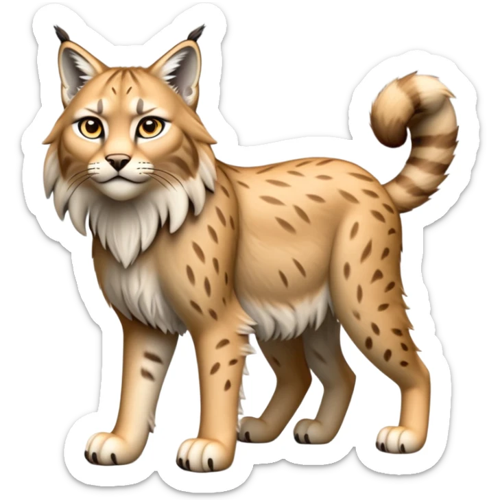 Cinematic-Lynx-Realistic-Full-Body-Standing on all fours-Emoji – head tilted dramatically, fur with faint spotting, long legs and large paws poised elegantly, simplified yet realistic focused features, highly detailed, glowing with an almost sarcastic glow zoomed out showing fluffy shoulders sticker