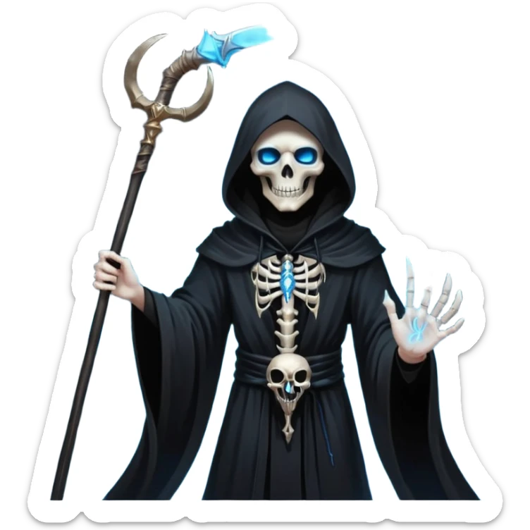 portrait of a god of death in black robes, skeletal hands, glowing blue eyes under a shadowed hood, scythe in hand, floating slightly above the ground, surrounded by spirits sticker