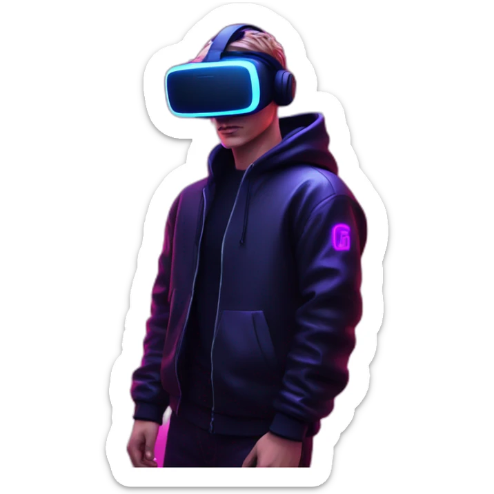 Russian young man wearing a black hoodie with "OMG" letters on it and VR headset in a cyberpunk VR environment with violet neon lighting. sticker