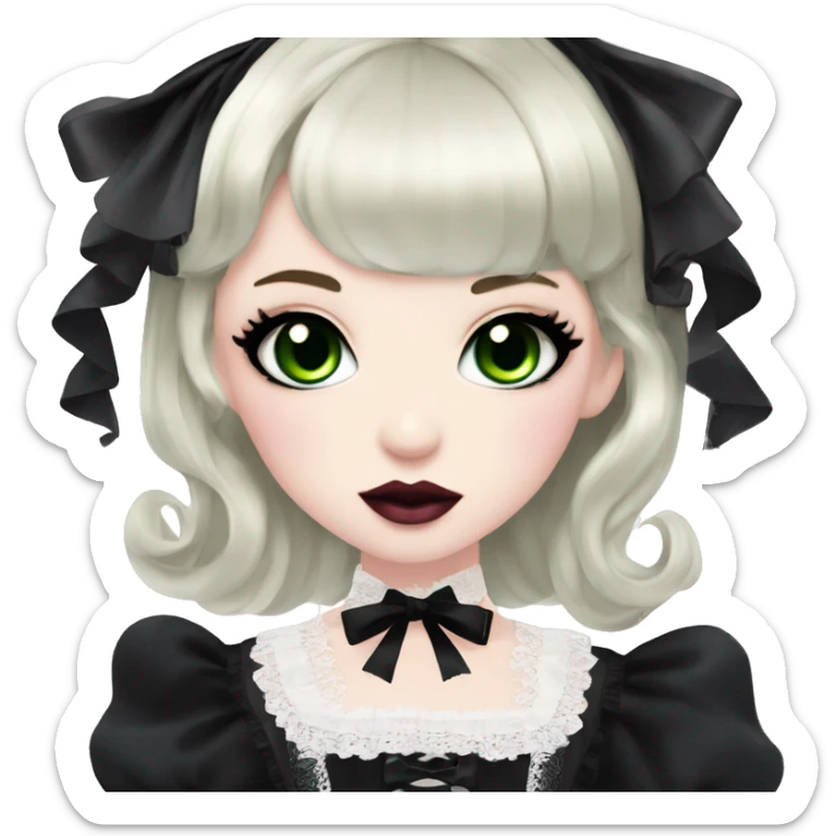 pale woman with black hair, pink lips and eyeshadow, long eyelashes, green eyes, black Lolita dress with laces and ribbons, gothic Lolita doll look sticker