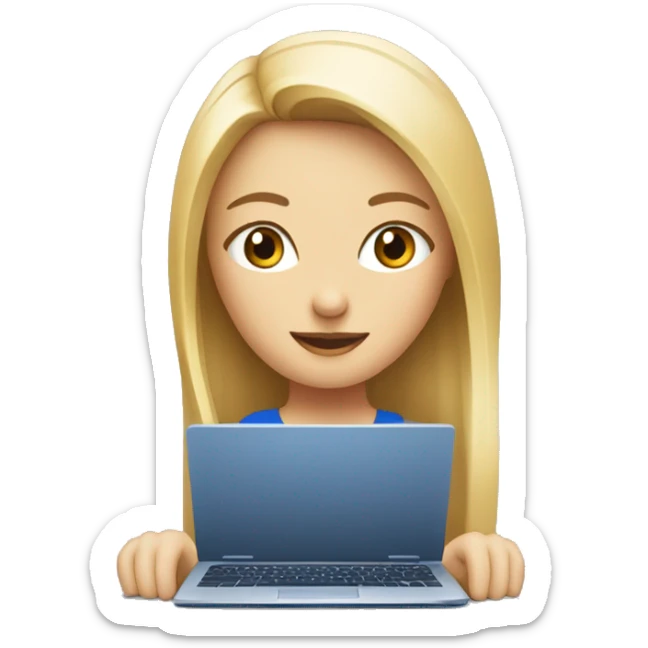 Une fille blonde aux yeux bleus derrière son ordinateur sticker