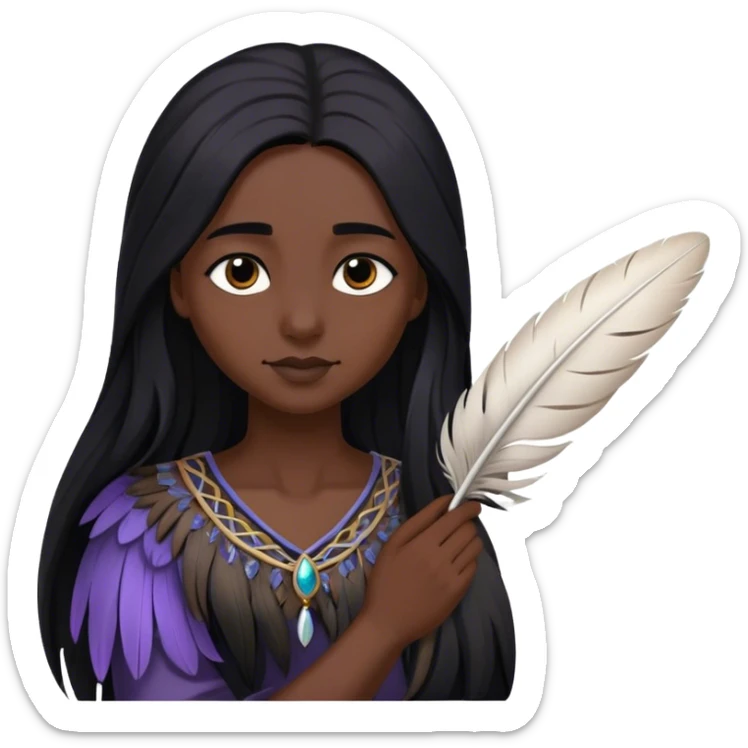 Cinematic Realistic Pocahontas Portrait, depicted with lifelike skin texture, soft natural lighting, and intricately detailed long, flowing raven-black hair that moves gracefully in the wind. Her deep, soulful dark brown eyes exude wisdom and strength, complemented by a serene yet powerful expression. She is shown gently holding a feather in one hand, her other hand resting lightly at her side, embodying the harmonious balance between nature and herself. She is dressed in her classic one-shoulder native American dress, with rich fabric textures and delicate beaded details that catch the light beautifully. The portrait features a soft, sun-kissed glow with a natural, radiant finish, capturing the essence of untamed beauty and deep connection to nature in a realistic and painterly style, evoking a sense of depth and authenticity. sticker