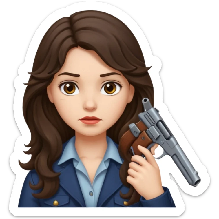 A brunette with long wavy hair girl who is about to kill herself with a littlr gun pointed at her temple sticker