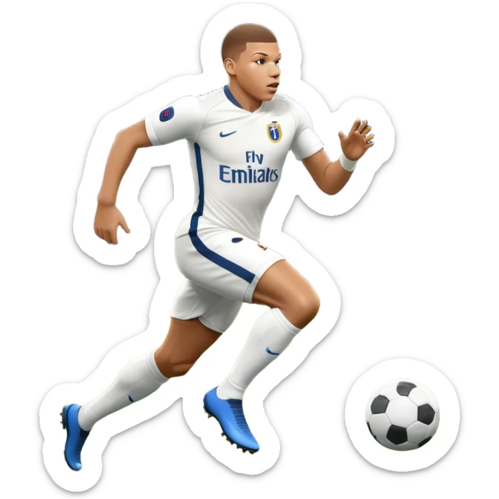 An icon showing Kylian Mbappé running with the ball on a football field during a match. The design captures his speed and focus, with dynamic motion lines and a vibrant background of the field and stadium lights. Transparent background emphasizes the action. sticker
