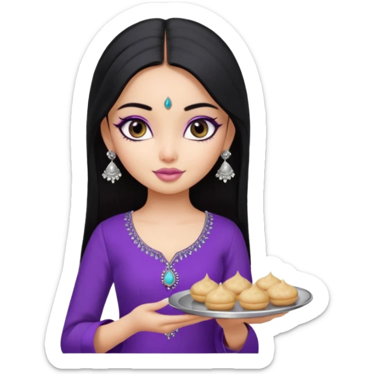a pretty bratz girl with straight black hair, wearing a purple kurti, silver jhumkas, eyeliner, carrying a plate of momos sticker