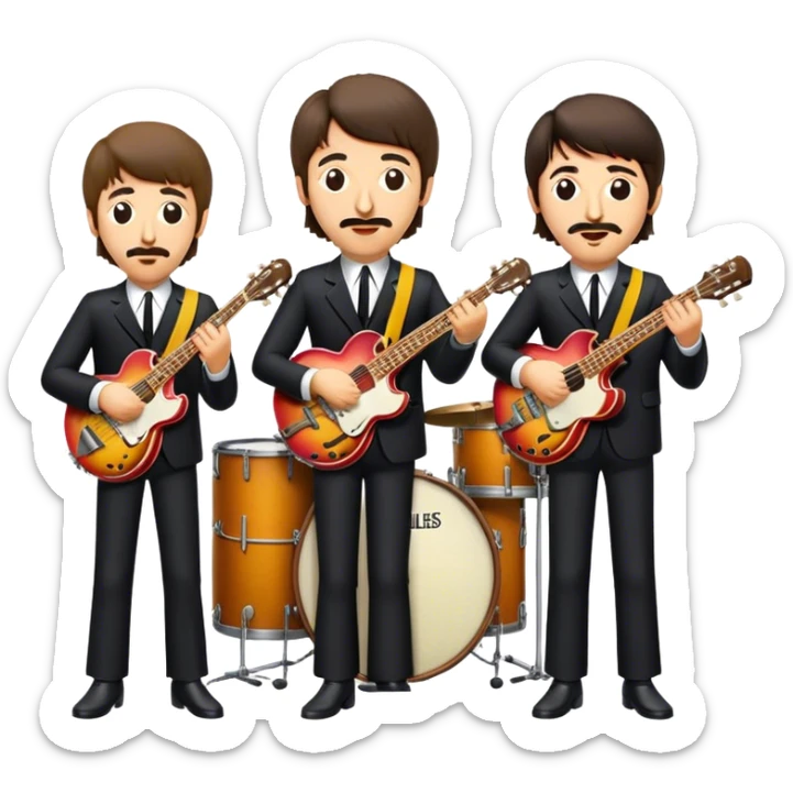 Cinematic Realistic The Beatles Group Emoji, depicted as an iconic band of four exuding playful charisma and musical genius with retro instruments and vibrant expressions, rendered with rich textures and nostalgic dynamic lighting that captures their legendary impact on pop culture. sticker