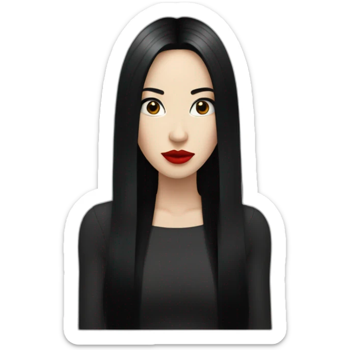 long straight black hair, red lipstick, black eyes, white skin and a small nose sticker