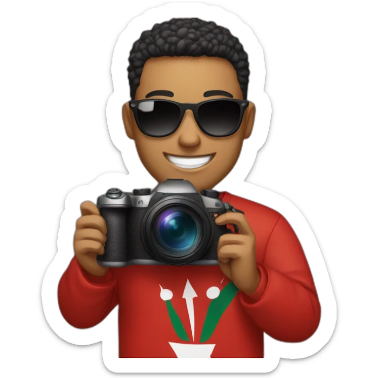 A face wearing sunglasses and a smile, holding a Canon camera in one hand, an iPhone in the other hand, and wearing a Moroccan national team shirt.  sticker
