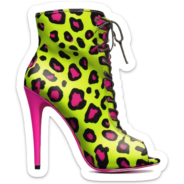 Realistic isolated top view of a pair of hot pink with lime green leopard spots peep toe high heel ankle bootie boots. sticker