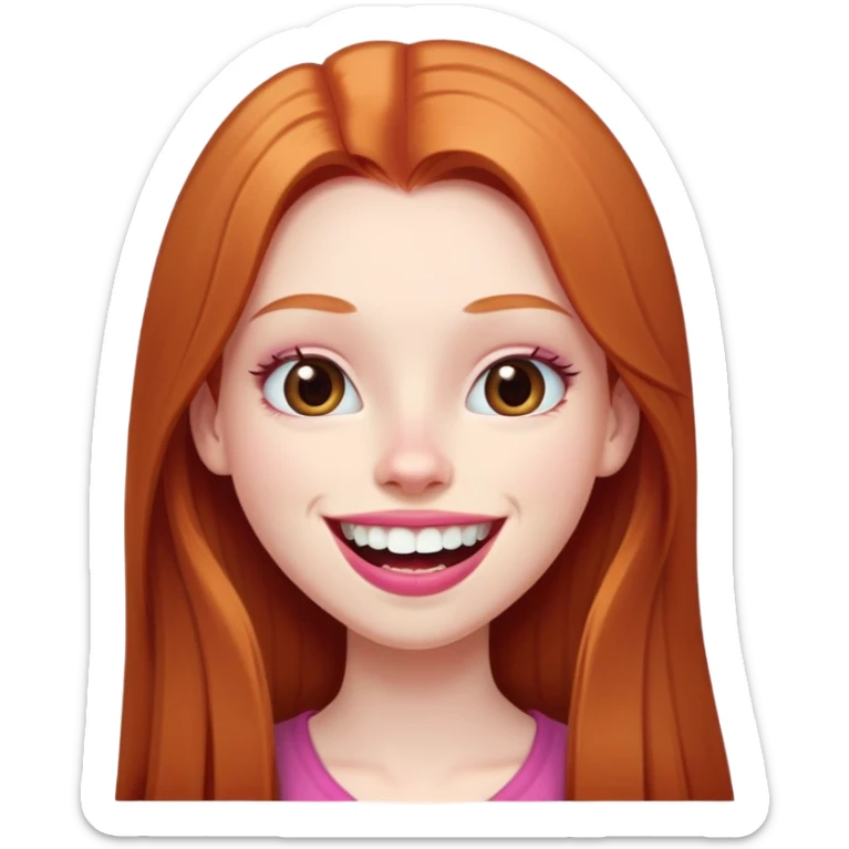 Young girl with pale skin, very long face, full pink lips smiling with big teeth, very long straight auburn hair (lighter ginger, not intense red), big brown eyes, big nose, big mouth sticker