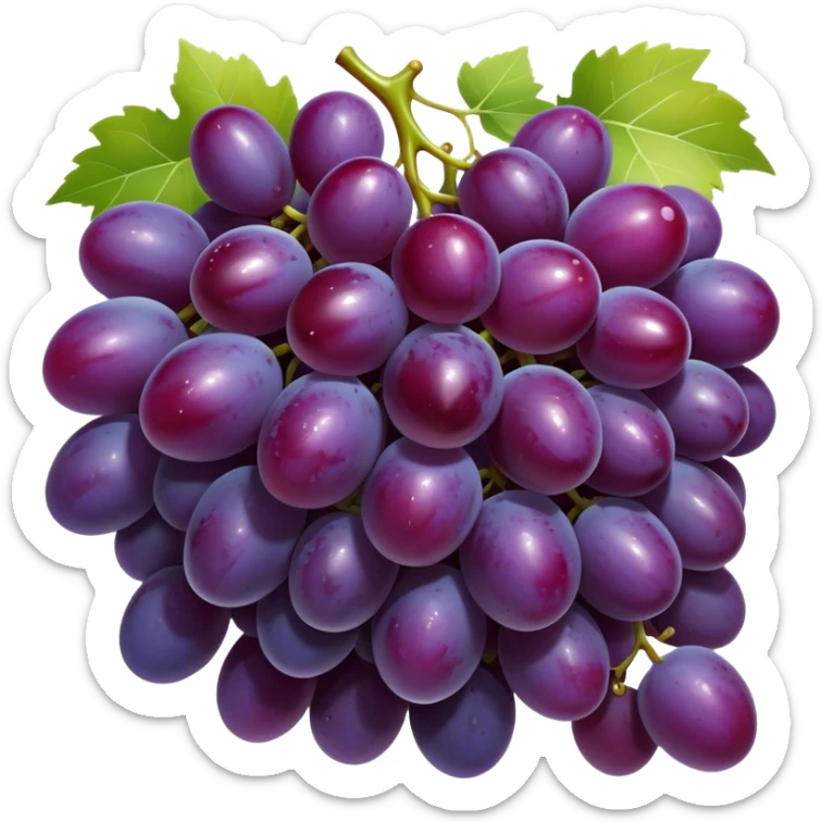 Cinematic glossy purple grapes, plump and dewy, gathered in a beautiful cluster, deep rich hues, ultra-detailed, fresh and juicy, soft glowing light. sticker